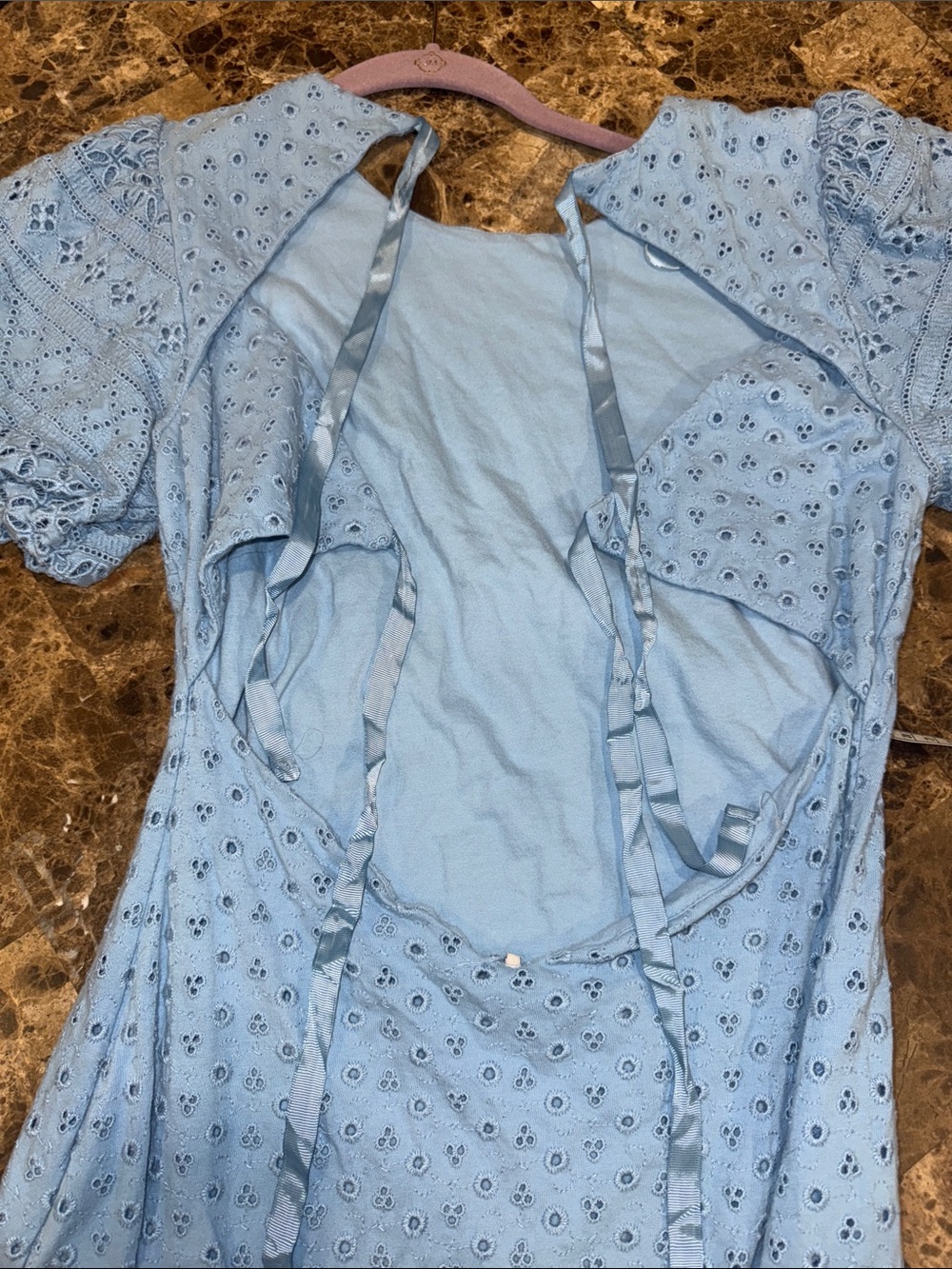 Free People Light Blue Eyelet Mini Dress with Puff Sleeves Size Small - Picture 7 of 13